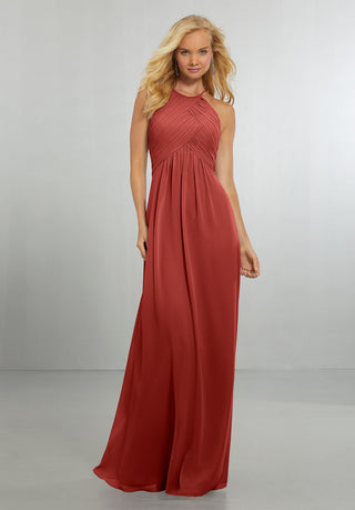 Chiffon Bridesmaids Dress with Draped Bodice and Keyhole Back | Terracotta