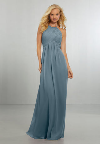 Chiffon Bridesmaids Dress with Draped Bodice and Keyhole Back | Slate