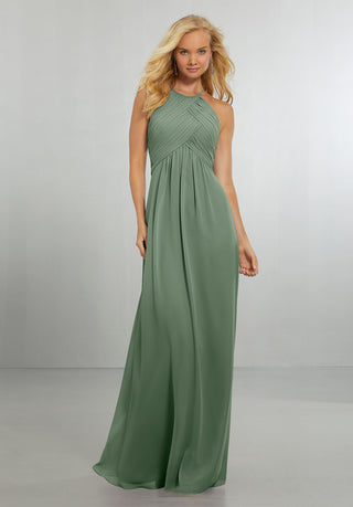 Chiffon Bridesmaids Dress with Draped Bodice and Keyhole Back | Moss