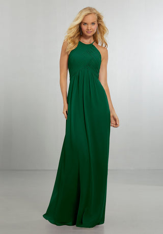 Chiffon Bridesmaids Dress with Draped Bodice and Keyhole Back | Emerald