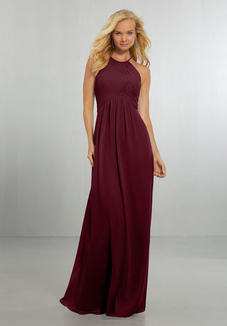 Chiffon Bridesmaids Dress with Draped Bodice and Keyhole Back | Bordeaux