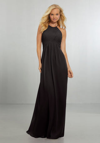 Chiffon Bridesmaids Dress with Draped Bodice and Keyhole Back | Black
