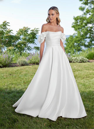 Draped Satin Dress with Three Dimensional Sleeves - White