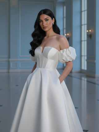 V-Notch Mikado Ball Gown with Puff Sleeves - White