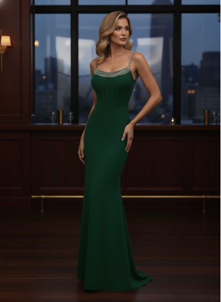 Fit and Flare Jersey Dress with Crystal Beaded Neckline - Emerald