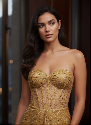 Allover Sequin Dress with Draped Skirt - Gold