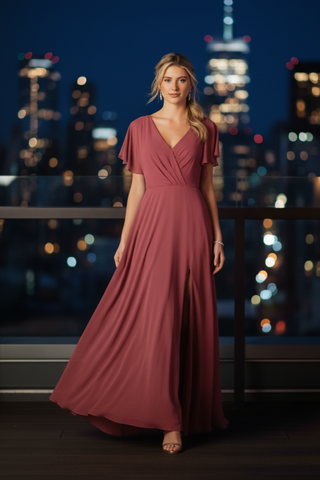 Chiffon Bridesmaid Dress with Flutter Sleeve and Front Slit | Rosewood