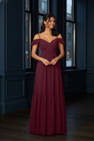 Ruched Keyhole Back Chiffon Bridesmaid Dress | Bordeaux