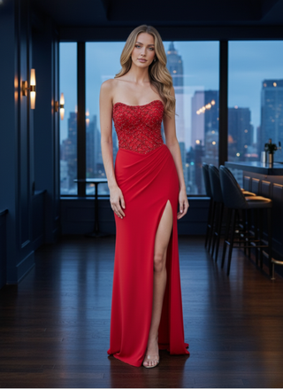 Draped Jersey Dress with Beaded Strapless Bodice - Red