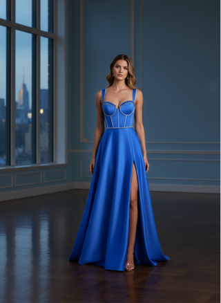 Crystal Beaded Bustier Satin Dress - French Blue