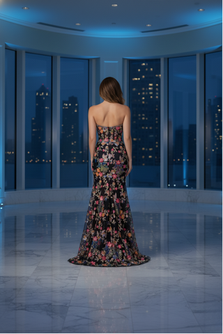 Multicolor Floral Sequin Fit and Flare Dress - Black/Multi