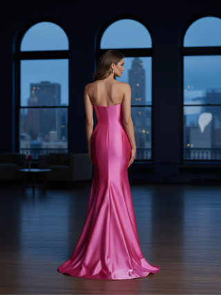 Sweetheart Strapless Shiny Jersey Dress with Bows - Hot Pink