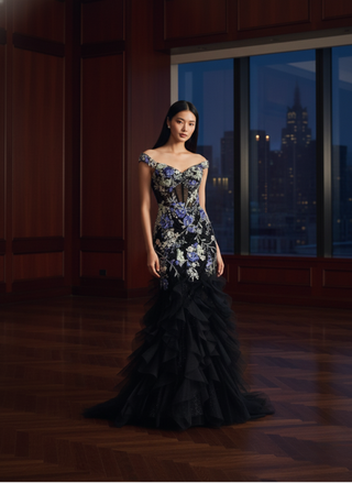 Floral Beaded Drop Waist Dress with Ruffled Skirt - Black/Multi