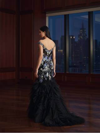 Floral Beaded Drop Waist Dress with Ruffled Skirt - Black/Multi