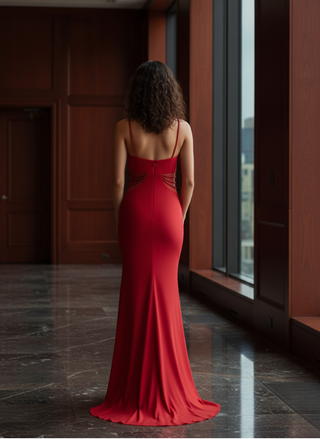 Beaded Illusion Jersey Sheath | Red