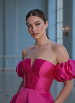 V-Notch Mikado Ball Gown with Puff Sleeves | Fuschia