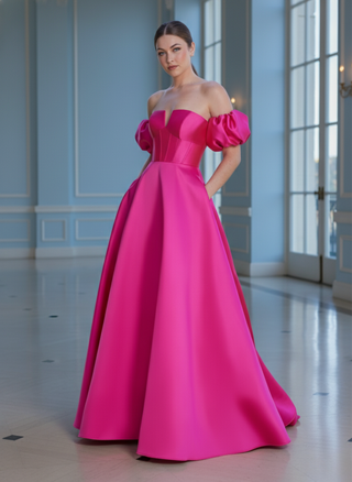 V-Notch Mikado Ball Gown with Puff Sleeves | Fuschia