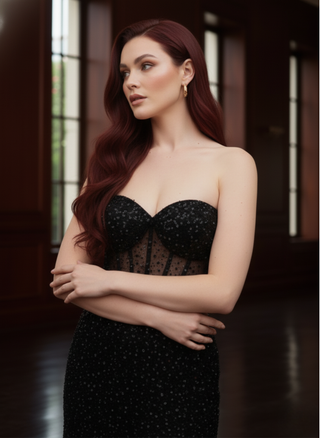 Allover Sequin Dress with Draped Skirt - Black