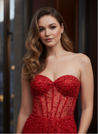 Allover Sequin Dress with Draped Skirt - Scarlet