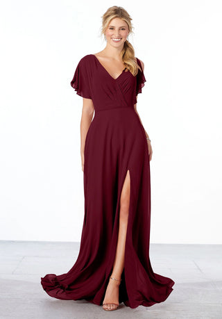 Chiffon Bridesmaid Dress with Flutter Sleeve and Front Slit | Bordeaux