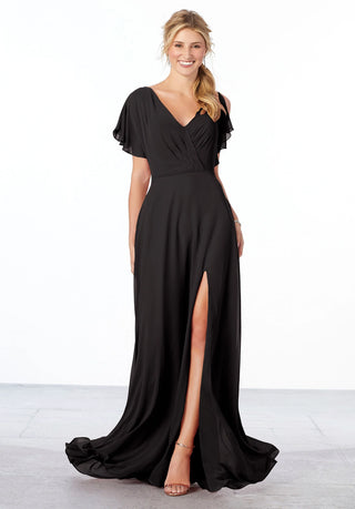 Chiffon Bridesmaid Dress with Flutter Sleeve and Front Slit | Black