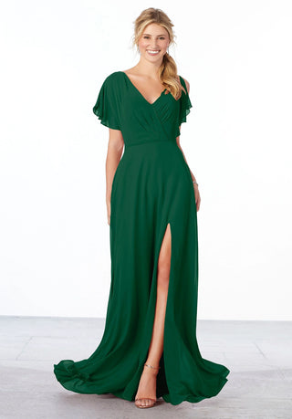 Chiffon Bridesmaid Dress with Flutter Sleeve and Front Slit | Emerald