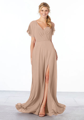 Chiffon Bridesmaid Dress with Flutter Sleeve and Front Slit | Latte