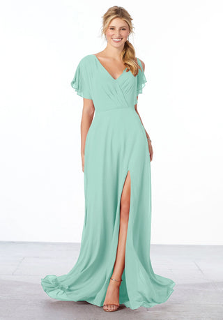 Chiffon Bridesmaid Dress with Flutter Sleeve and Front Slit | Mint