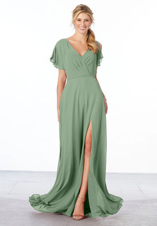 Chiffon Bridesmaid Dress with Flutter Sleeve and Front Slit | Moss