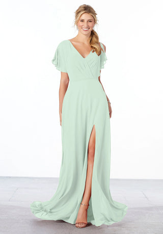 Chiffon Bridesmaid Dress with Flutter Sleeve and Front Slit | Sea Glass