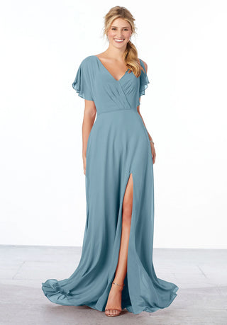 Chiffon Bridesmaid Dress with Flutter Sleeve and Front Slit | Slate