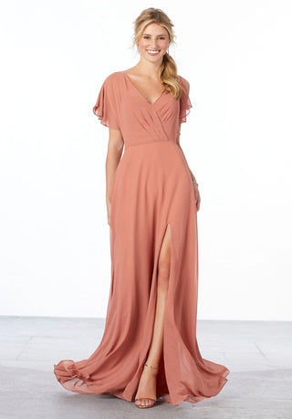 Chiffon Bridesmaid Dress with Flutter Sleeve and Front Slit | Spice