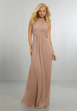 Chiffon Bridesmaids Dress with Draped Bodice and Keyhole Back | Latte