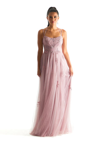 Draped English Net Bridesmaid Dress with Appliques - Desert Rose