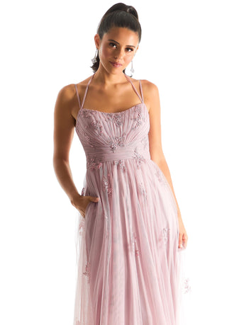 Draped English Net Bridesmaid Dress with Appliques - Desert Rose
