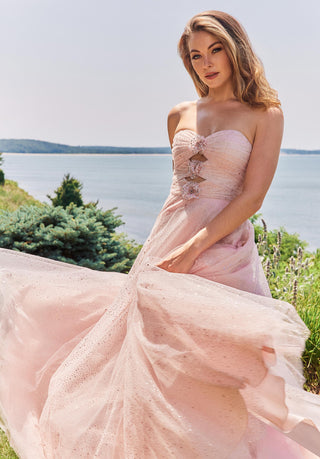 Glitter Tulle Keyhole Prom Dress with Rosettes Morilee