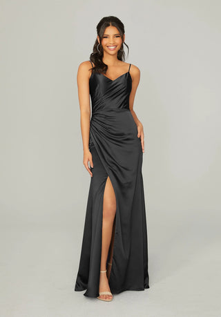 Silky Satin Bridesmaid Dress with Front Skirt Slit | Black