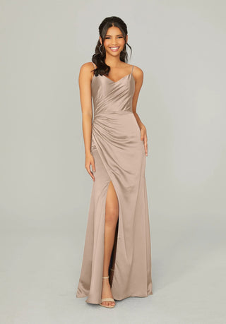 Silky Satin Bridesmaid Dress with Front Skirt Slit | Latte